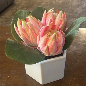 Artificial Pink Protea Floral Accent in White Ceramic Planter